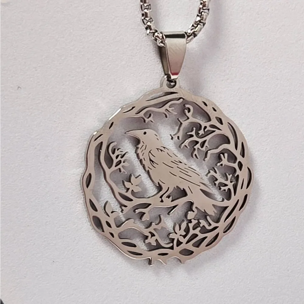 Stainless Steel Raven Crow Tree of Life Pendant Necklace 24